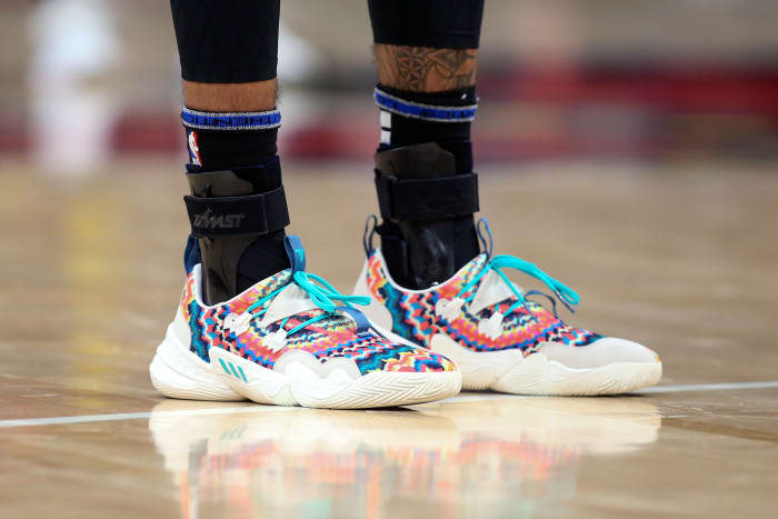 Feb 26, 2022; Atlanta, Georgia, USA; Detailed view of the shoes of Atlanta Hawks guard Trae Young (11) against the Toronto Raptors in the second quarter at State Farm Arena.